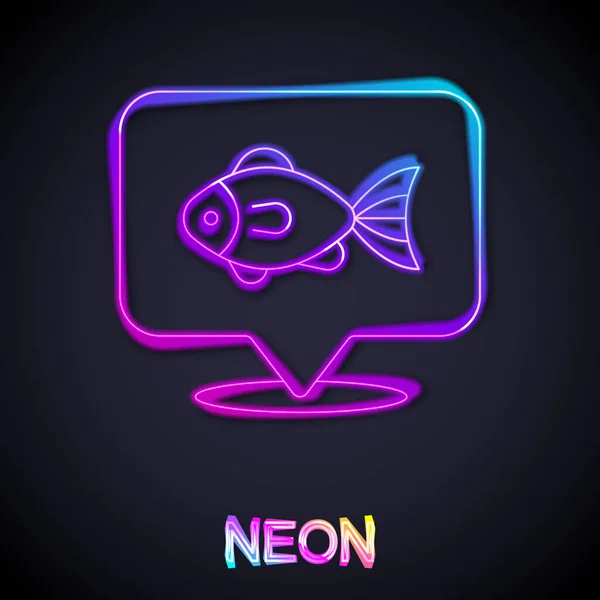 Glowing neon line Location fishing icon isolated on black background. Fishing place. Vector — Stock Vector
