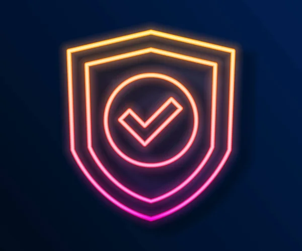 Glowing neon line Shield with check mark icon isolated on black background. Protection symbol. Security check Icon. Tick mark approved icon. Vector —  Vetores de Stock