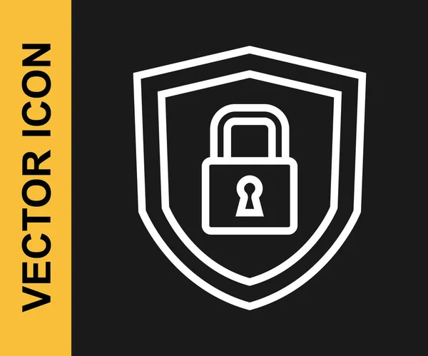 Línea blanca Escudo de seguridad con icono de bloqueo aislado sobre fondo negro. Protección, seguridad, seguridad con contraseña. Señal de privacidad de acceso al firewall. Vector — Vector de stock