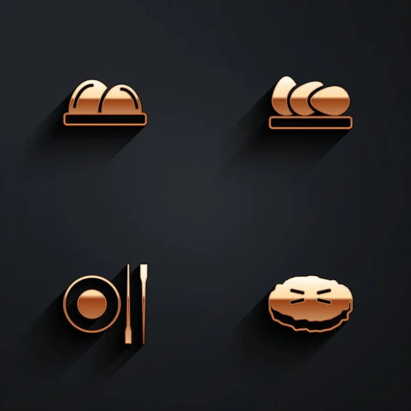 Set Sushi, Chicken egg, Food chopsticks with plate and Homemade pie icon with long shadow. Vector — Stockvector