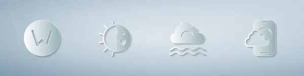 Set Compass north, Day night cycle, Fog and cloud and Weather forecast app. Paper art style. Vector — Vettoriale Stock