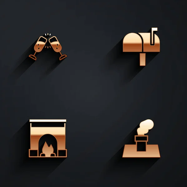Set Glass of champagne, Mail box, Interior fireplace and Christmas chimney icon with long shadow. Vector — Image vectorielle