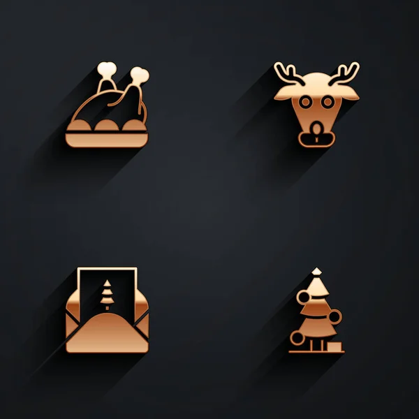 Set Roasted turkey or chicken, Reindeer, Envelope and Christmas tree icon with long shadow. Vector — Stockvektor