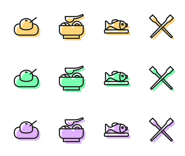 Set line Served fish on a plate, Mochi, Ramen soup bowl and Food chopsticks icon. Vector — Stock Vector