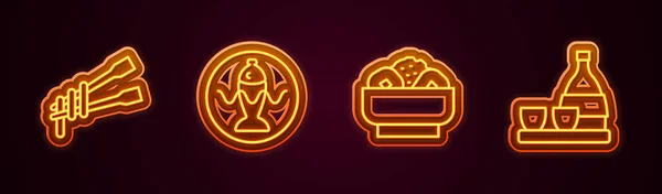 Set line Food chopsticks with noodles, Served fish on a plate, Chow mein and Bottle of sake. Glowing neon icon. Vector — стоковый вектор