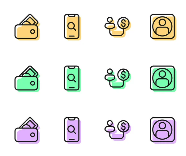 Set line Human and money, Wallet with, Magnifying glass mobile and Create account screen icon. Vector —  Vetores de Stock