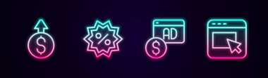Set line Financial growth dollar, Discount percent tag, Advertising and . Glowing neon icon. Vector