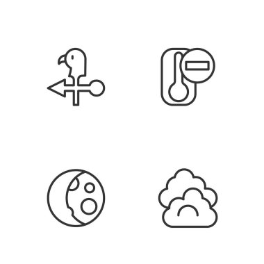 Set line Cloud, Moon phases, Rooster weather vane and Thermometer icon. Vector