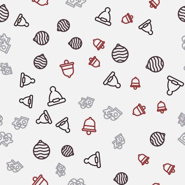 Set line Christmas Santa Claus hat, ball, mittens and ringing bell on seamless pattern. Vector