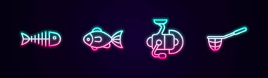 Set line Fish skeleton, Spinning reel for fishing and Fishing net. Glowing neon icon. Vector