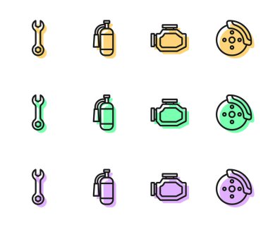 Set line Check engine, Wrench spanner, Fire extinguisher and Car brake disk with caliper icon. Vector