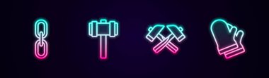 Set line Chain link, Sledgehammer, Crossed and Protective gloves. Glowing neon icon. Vector