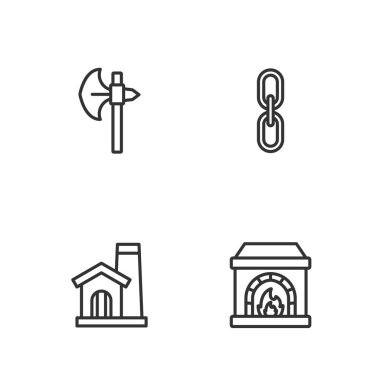 Set line Blacksmith oven, Smithy workshop interior, Medieval axe and Chain link icon. Vector