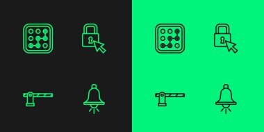 Set line Ringing alarm bell, Parking car barrier, Graphic password protection and Lock icon. Vector