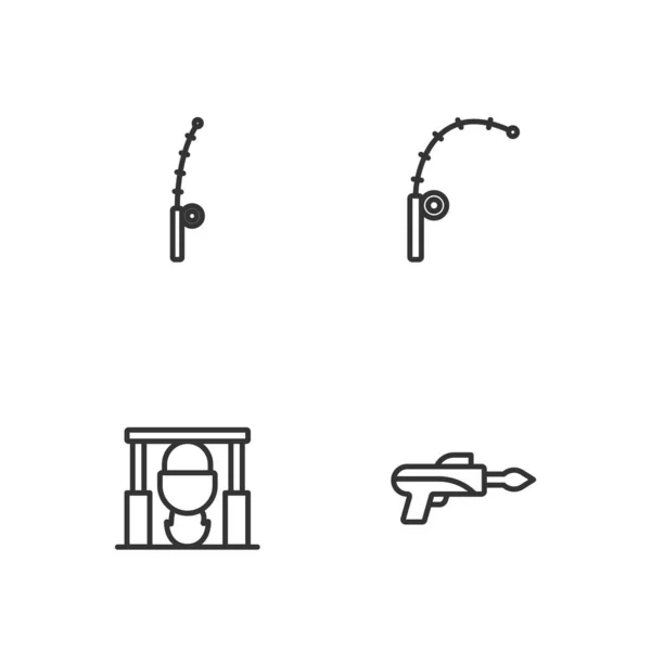 Set line Fishing harpoon, Campfire and pot, rod and icon. Vector — Vetor de Stock