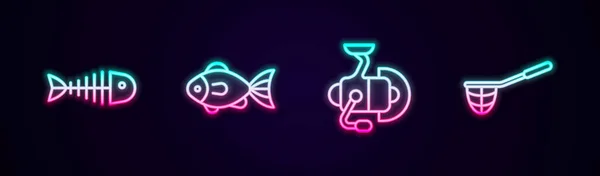 Set line Fish skeleton, Spinning reel for fishing and Fishing net. Glowing neon icon. Vector - Stok Vektor