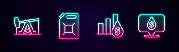 Set line Oil pump or pump jack, Canister for gasoline, Pie chart and dollar and drop with symbol. Glowing neon icon. Vector — Archivo Imágenes Vectoriales