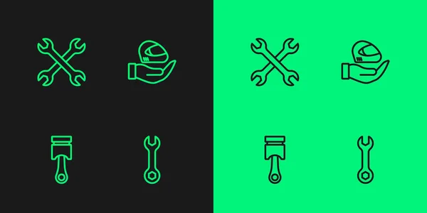 Set line Wrench spanner, Engine piston, and Racing helmet icon. Vector — Stockový vektor