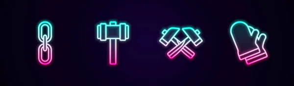 Set line Chain link, Sledgehammer, Crossed and Protective gloves. Glowing neon icon. Vector — Vector de stock