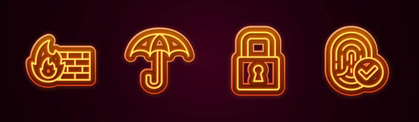 Set line Firewall, security wall, Umbrella, Lock and Fingerprint. Glowing neon icon. Vector — Stock vektor