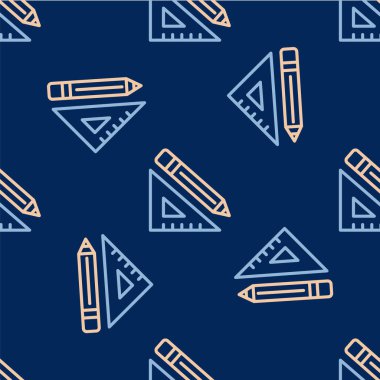 Line Triangular ruler and pencil icon isolated seamless pattern on blue background. Straightedge symbol. Drawing and educational tools. Vector