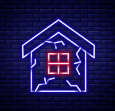 Glowing neon line House icon isolated on brick wall background. Insurance concept. Security, safety, protection, protect concept. Colorful outline concept. Vector