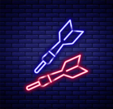 Parlayan neon çizgi ok simgesi tuğla duvar arkasında izole edildi. Renkli taslak konsepti. Vektör