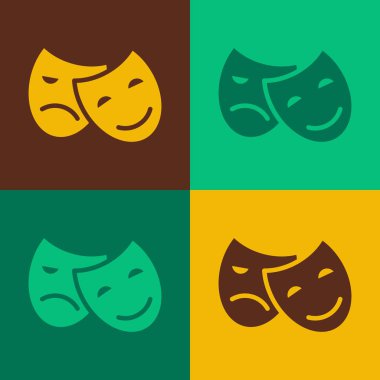 Pop sanat komedisi ve trajedi teatral maskeler renkli arka planda izole edilmiş. Vektör