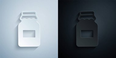 Kağıt kesiği bal ikonu kavanozu gri ve siyah arkaplanda izole edilmiş. Yiyecek bankası. Tatlı doğal gıda sembolü. Kağıt sanatı tarzı. Vektör