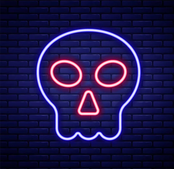 Glödande neon linje Skull ikon isolerad på tegel vägg bakgrund. Glad halloweenfest. Färgstarkt skisskoncept. Vektor — Stock vektor