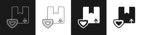 Set Leverans säkerhet med sköld ikon isolerad på svart och vit bakgrund. Leveransförsäkring. Säkrade kartonger bortom skölden. Vektor — Stock vektor