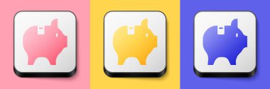 Isometric Piggy bank icon isolated on pink, yellow and blue background. Icon saving or accumulation of money, investment. Square button. Vector