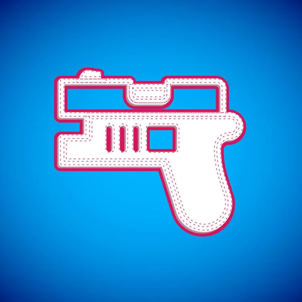 Bílá futuristická ikona blasteru na modrém pozadí. Laserová pistole. Mimozemská zbraň. Vektor — Stockový vektor