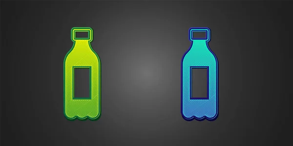 Grüne und blaue Flasche Wasser Symbol isoliert auf schwarzem Hintergrund. Soda Aqua Drink Zeichen. Vektor — Stockvektor