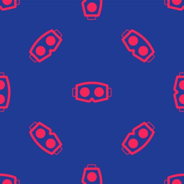 Kırmızı sanal gerçeklik gözlüğü ikonu mavi arkaplanda izole edilmiş kusursuz desen. Stereoskopik 3D VR maskesi. Optik baş monte edildi. Vektör