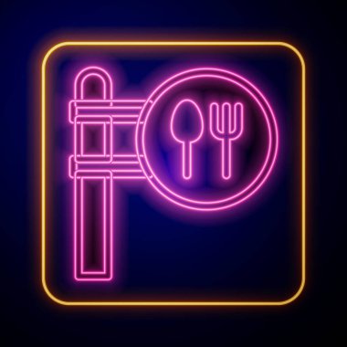 Glowing neon Cafe and restaurant location icon isolated on black background. Fork and spoon eatery sign inside pinpoint. Vector.