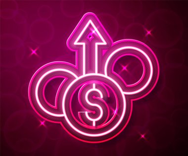 Glowing neon line Financial growth dollar coin icon isolated on red background. Increasing revenue. Vector