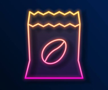 Parlayan neon hattı kahve çekirdeği torbası simgesi siyah arka planda izole. Vektör