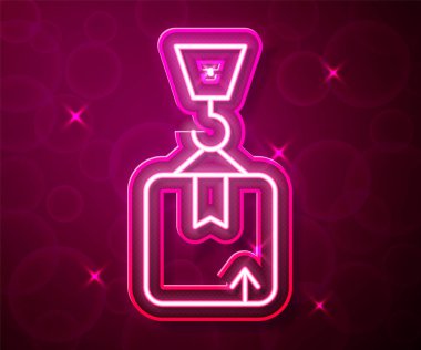 Glowing neon line Crane with carton cardboard box icon isolated on red background. Crane lifts a container with cargo. Vector