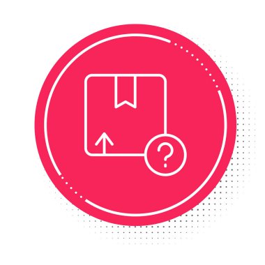 Beyaz çizgi karton kutu simgesi beyaz arkaplanda izole edildi. Kutu, paket, paket işareti. Teslimat ve ambalaj. Kırmızı daire düğmesi. Vektör