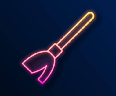 Parlayan neon hattı süpürge sapı simgesi siyah arkaplanda izole edildi. Temizlik hizmeti konsepti. Vektör