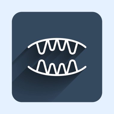 White line Vampire teeth icon isolated with long shadow background. Happy Halloween party. Blue square button. Vector