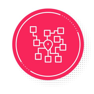 Beyaz çizgi sinirsel ağ simgesi beyaz arkaplanda izole edildi. Yapay zeka yapay zekası. Kırmızı daire düğmesi. Vektör