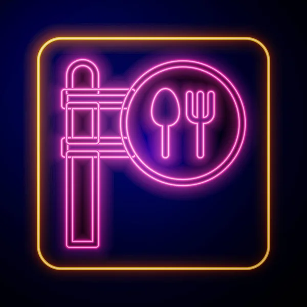 Glowing neon Cafe and restaurant location icon isolated on black background. Fork and spoon eatery sign inside pinpoint. Vector. — Wektor stockowy