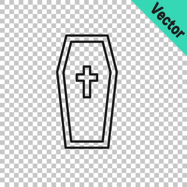 Linha preta Coffin com ícone de cruz cristã isolado em fundo transparente. Feliz festa de Halloween. Vetor — Vetor de Stock