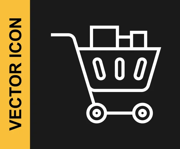 White line Shopping cart and food icon isolated on black background. Food store, supermarket. Vector — Vetor de Stock
