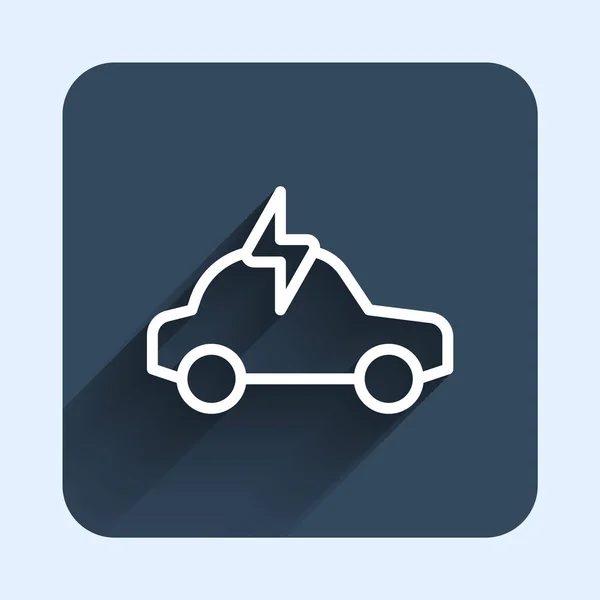 White line Electric car and electrical cable plug charging icon isolated with long shadow background. Renewable eco technologies. Blue square button. Vector — Διανυσματικό Αρχείο