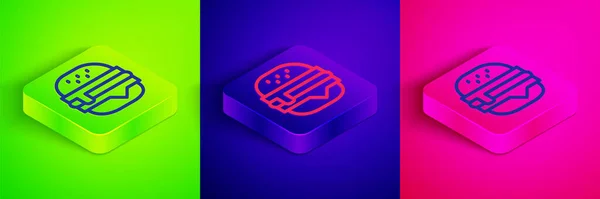 Isometric line Burger icon isolated on green, blue and pink background. Hamburger icon. Cheeseburger sandwich sign. Fast food menu. Square button. Vector - Stok Vektor