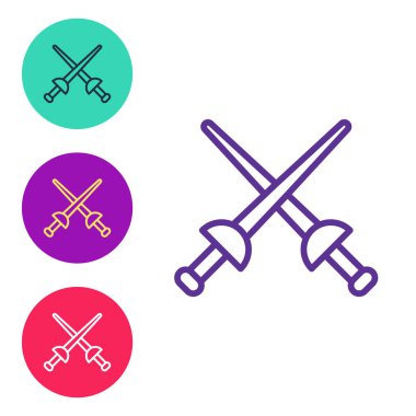 Beyaz arkaplanda çizgi eskrim simgesi izole edildi. Spor malzemeleri. Simgeleri renklendirin. Vektör