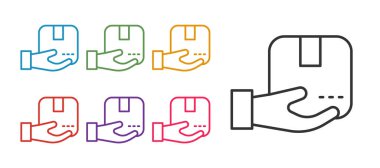 Karton kutular simgesi beyaz arkaplanda izole edilmiş çizgi teslimat elini ayarlayın. Kuryeyle kapı kapı dolaşacağız. Simgeleri renklendirin. Vektör